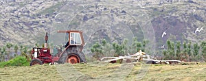 Heavily used red old tractor working on the field