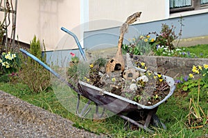 Heavily used retro vintage wheelbarrow construction cart remade to be used as garden decoration with two carved out squashes and