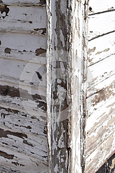 Heavily weathered wood with flaked white paint in closeup