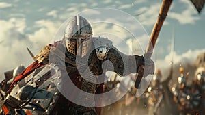 A heavilyarmored Norman knight wielding a massive battleaxe and charging into the midst of the enemys forces