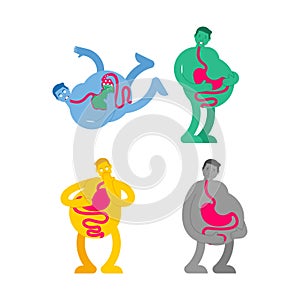 Heaviness in stomach set. bloating and nausea. Sick belly. vector illustration photo