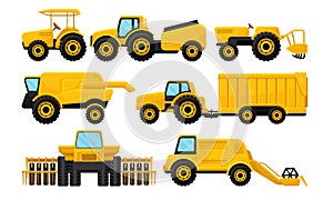 Heavy Agricultural Machinery Collection, Yellow Farm Vehicles for Field, Tractor, Combine and Harvester Work Vector