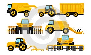 Heavy Agricultural Machinery Collection, Yellow Farm Vehicles for Field Work Vector Illustration