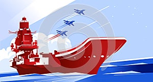 Heavy aircraft-carrying military cruiser card. Defender of the Fatherland Day in Russia. Vector illustration