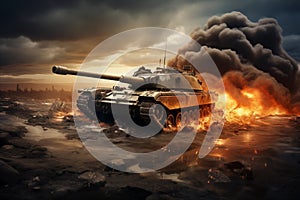 Heavy armored tank on battlefield apocalyptic background. Generative AI