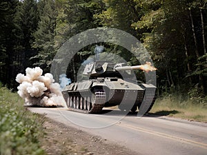 A heavy armored tank fires at full speed