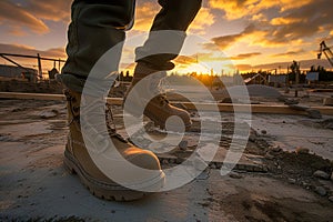 heavy boots trudging through unfinished site in sunset light