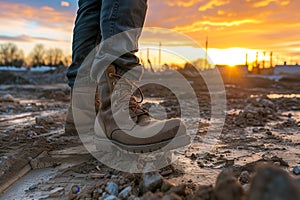 heavy boots trudging through unfinished site in sunset light