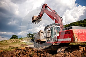 Heavy bulldozer and excavator loading and moving red sand