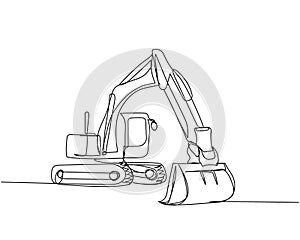 Heavy Construction Equipment, Excavator, backhoe loader, crawler loader one line art. Continuous line drawing of repair