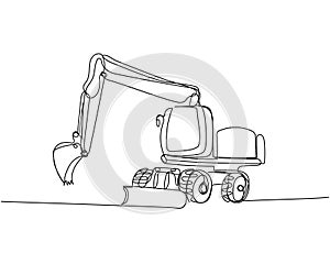 Heavy Construction Equipment, Excavator, backhoe loader, crawler loader one line art. Continuous line drawing of repair