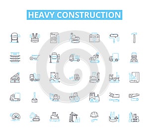 Heavy construction linear icons set. Excavation, Bulldozer, Grader, Crane, Backhoe, Trencher, Roller line vector and