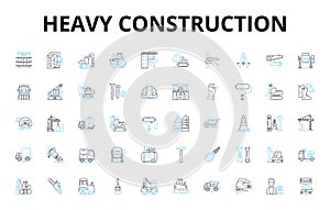 Heavy construction linear icons set. Excavation, Bulldozer, Grader, Crane, Backhoe, Trencher, Roller vector symbols and