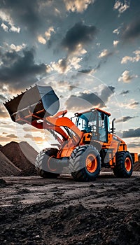 Heavy Construction Loader at Sunset on Worksite