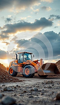 Heavy Construction Loader at Sunset on Worksite