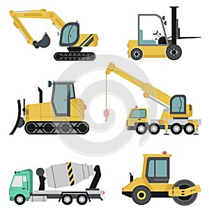 Heavy construction machinery flat Icon Set
