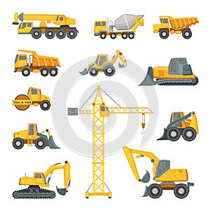 Heavy construction machines. Excavator, bulldozer and other technique. Vector illustrations in cartoon style