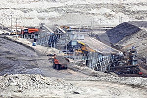 Heavy construction tipper trucks dump coal