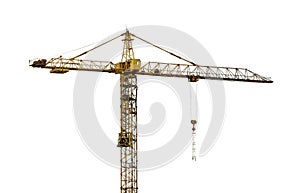 Heavy dark yellow hoisting crane isolated on white photo