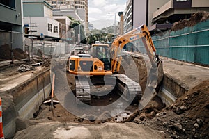 Heavy duty construction equipment working at construction site. An excavator digging a deep pit on an urban road, AI Generated