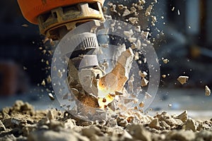 Heavy-duty construction, Up-close view of jackhammer breaking reinforced concrete