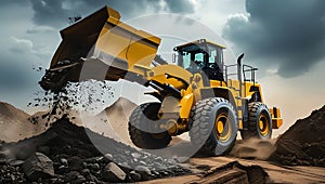 Heavy-duty earthmover unloading in construction site