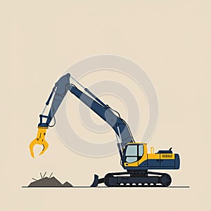 Heavy-duty excavator with grapple attachment on a construction site