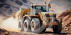 Heavy-duty machinery in action at a dusty lithium mining site with a large industrial yellow dump truck transporting materials in