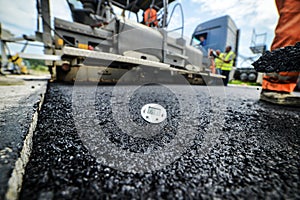 Heavy duty road building. Hot Asphalt being laid and measured for a quality check as a part of a on site control test.