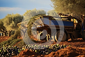 A heavy-duty truck filled to the brim with plump olives, ready to be transported to their next destination, Organic olives being