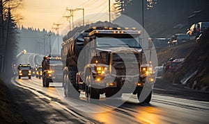 Heavy Duty Trucks Hauling Coal Down Road