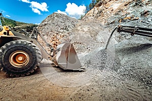 Heavy duty wheel loader excavator working in ore quarry