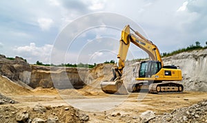 Heavy-duty yellow excavator clearing debris at construction project Creating using generative AI tools
