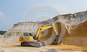 Heavy-duty yellow excavator clearing debris at construction project Creating using generative AI tools