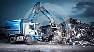 Heavy equipment in the front of a truck dumping piles of garbage, in the style of light white and azure, Generative AI