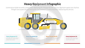 heavy equipment machine infographics template diagram with wheel tractor scrapers, with 4 point step creative design for slide