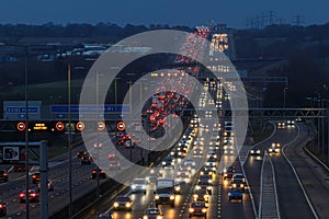 Heavy evening traffic on busiest British motorway M1 near Luton town