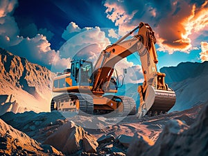 Heavy Excavator at Construction Site During Dramatic Sunset