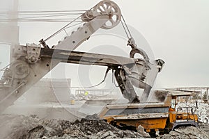 Heavy excavator loads into a big mining dump truck