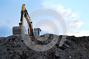 Heavy excavator working at construction site.