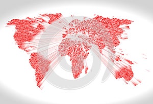 Heavy extruded red world map consisting of points