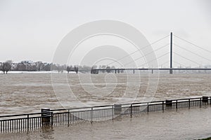 Heavy flood after extreme rainfall snow melting in February drowned the flooded coast as weather catastrophe in DÃ¼sseldorf shows
