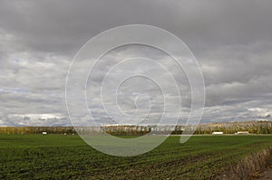 Heavy grey clouds in the cold autumn sky over  green fields