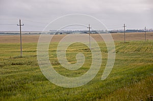 Heavy grey clouds in the cold autumn sky over green fields, trees, forests, streams. Before storm. Electric poles