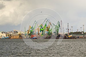 Heavy harbor jib cranes in the Klaipeda Sea Port.