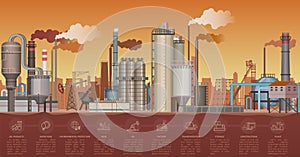 Heavy industrial factory buildings landscape. Vector illustration with infographic icons elements. Smoking pipes of