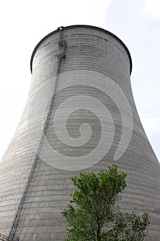 heavy industrial water cooling tower and the green tree