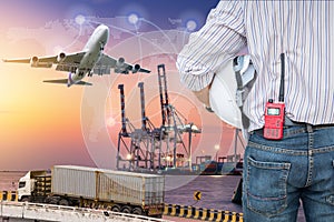 Heavy industry of cargo ship terminal and logistics transportation, Air freight, Sea freight, Business industrial concept