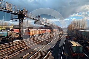 Heavy industry depicted with colorful freight trains on railway station