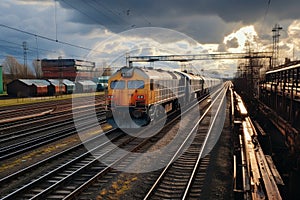 Heavy industry depicted with colorful freight trains on railway station